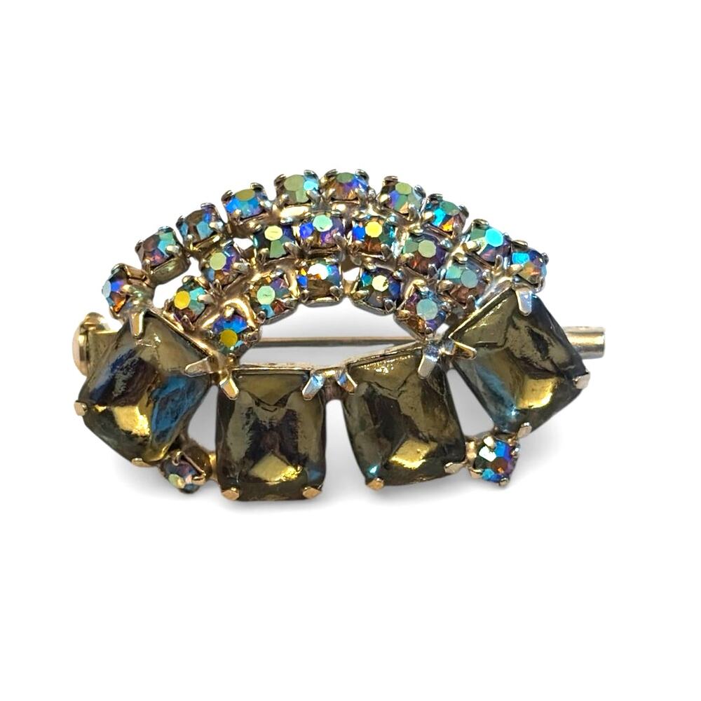 Smoky Blue Rhinestone Aurora Borealis 60s Eye Costume Brooch